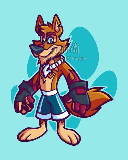 A digital vector concept drawing of a anthropomorphic/furry Australian dingo original character. This was his first design iteration, so there's some stylistic inconsistencies and differences from the final/current design.