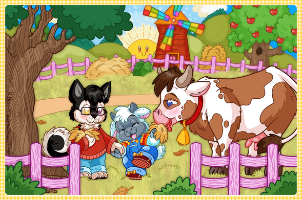 Digital, full-color illustration featuring two young cartoon animal characters. One is Fred, a little black and white husky pup who is wearing glasses, dressed in a red sweater and blue jeans, while holding a bundle of straw. Fred is standing next to a little black dorper lamb, Drake, who is wearing blue overalls over an orange and red striped shirt. The little husky is gently holding the lamb's hand as a giggling Drake is offering a friendly-looking cow some food, the same sort of straw that Fred is holding as he waits his turn. The cow is white and brown and is wearing a bell on a red collar around its neck. She has a tuft of brown hair on top of her head, and gentle, large blue eyes.  Behind the pair stretches a green field dotted by several haystacks. A red windmill with an orange roof and rainbow-patterned blades stands far-off in the center, while a tree heavy with red apples stands to its side. A smiling sun is peeking from behind a hill over a blue sky, and a pink wooden fence and some bushes harmoniously encase the foreground and the background. A large tree stands to the left of the illustration, and smaller clumps of trees are visible far away into the distance.  The artists' signature reads "M. Neira" and is marked as having been completed in the year 2025. A watermark with the URL "www.marinaneira.com" is visible on the bottom. This artist is also known as "Squelfland".