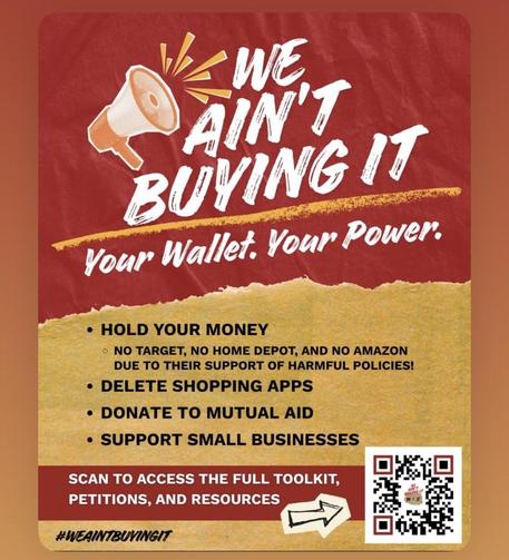 Flyer with black text on orange and brown background with graphic of white speaker at top left