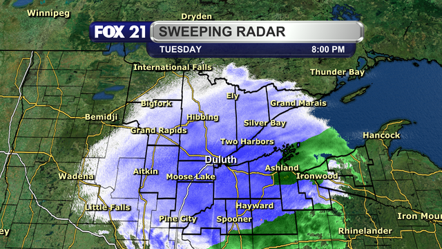 The radar over the Northland at 8 p.m. on November 25, 2025, shows snow showers covering the region, with just a few spots in southeast Sawyer and along the Lake Superior shoreline of Ashland and Iron counties remaining a rain/snow mix.  The precipitation is moving from west to east.