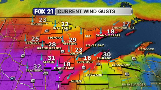 Wind gusts across the Northland just before 8 p.m. on November 25, 2025, range from 18 to 31 mph.  Wind direction is primarily from the north and northeast.