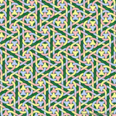 Red, yellow, and blue paths over dark green hexagons branch and join into an infinite tiling of interwoven sheets.