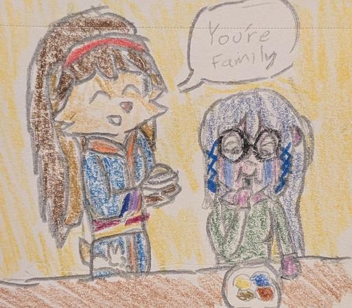 Color pencil drawing of Lop Norausa, a Lepi woman from Star Wars Visions, and Devi Zeilla, a nonhuman woman OC, at their Life Day dinner. Devi is crying happy tears from the combination of the welcome and loving atmosphere and delicious food. Lop happily smiles and reminds the young woman, "You're family."