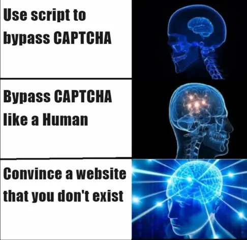 Meme template: progressively smarter brain

Small brain: use script to bypass CAPTCHA
Medium brain: Bypass Captcha like a Human
Big brain: Convince a website that you don't exist