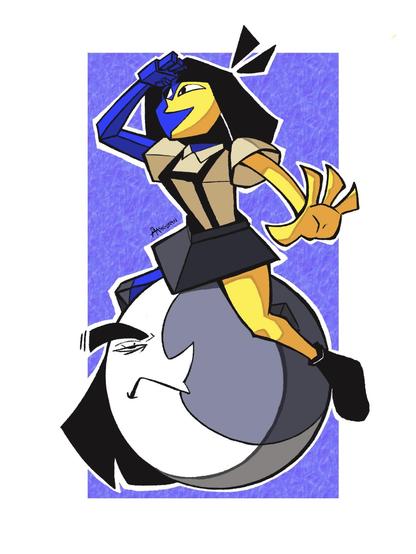 Fanart of Joel G’s characters ENA and Moony. ENA is looking at something on the horizon while sitting in top of Moony, who doesn’t look very amused