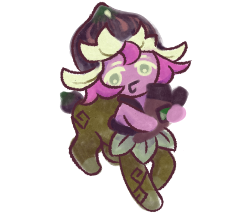 Another illustration of Fig Cookie. They are standing and smiling.