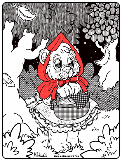 Digital "pen and ink" illustration featuring Kanda, a young bear dressed as Little Red Riding Hood, who is walking through a forest at night. The entire illustration is drawn in black and white with different densities of stippling and crosshatching densities for added depth and texture, with the only splash of color being the hood itself. Under the cape, Kanda is wearing a pretty, frilly dress. Kanda is also holding a basket containing several small rolls of bread partially covered by a checkered cloth. A couple of bushes stand at the foreground, on the bottom corners of the illustration, while several leaves fall around the character.  The artists' signature reads "M. Neira" and is marked as having been completed in the year 2025. A watermark with the URL "www.marinaneira.com" is visible on the bottom. This artist is also known as "Squelfland".