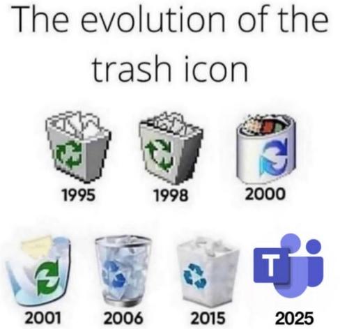 The evolution of the trash icon.

Windows Trash folder icon for 1995, 1998, 2000, 2001, 2006, 2015, and finally 2025 (but the icon is now just the Microsoft Teams icon)