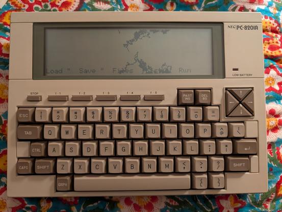 My NEC PC-8201a (a slabtop computer from the early 80s) showing the output of a random walk. Honestly, it looks like the LCD is broken.