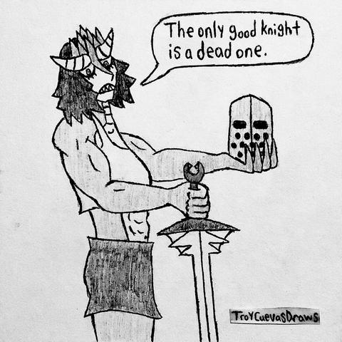 Augusta Linder (the lindworm shapeshifting troublemaker) holding a knight’s helmet as she places her lindworm inspired longsword on the ground and she says: “The only good knight is a dead one.”