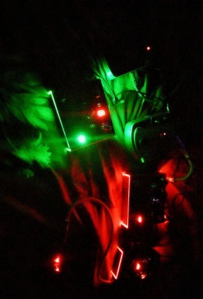 Photograph composed in absolute total darkness illuminated with the JOYO pedals effects led strips