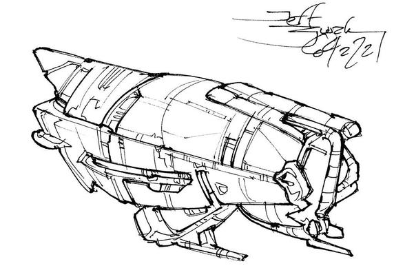 Black and white line art sketch of an imaginative sci fi spaceship. Each one is very different. Somewhat insect-like similar to a leaf hopper. Front end is split by a vertical fin that appears to be made of windows. Otherwise relatively sleek.