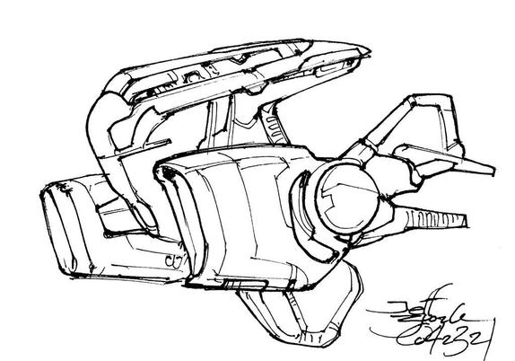 Black and white line art sketch of an imaginative sci fi spaceship. Each one is very different. A narrow vertical center hull like a crested dinosaur head with a pair of tech-looking side thruster nacelles and an aircraft-like tail.
