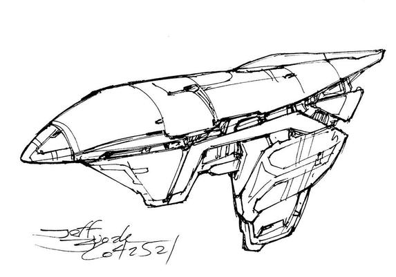 Black and white line art sketch of an imaginative sci fi spaceship. Each one is very different. A 3rd generation "Phinn" type ship with a high-tech look and fins projecting below. It looks like a super-streamlined Bugs Bunny space ray gun with excitingly chunky greeble.