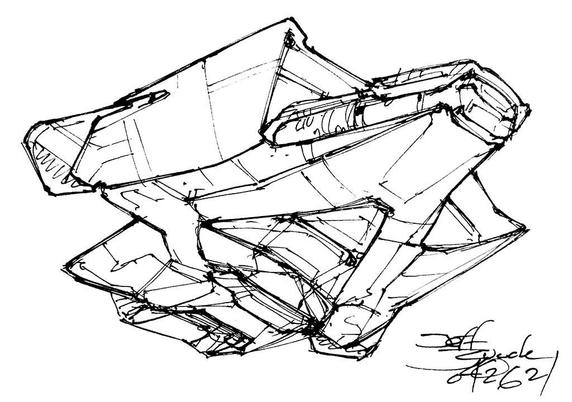 Black and white line art sketch of an imaginative sci fi spaceship. Each one is very different. Resembles a bat-like retake on Star Trek's Defiant class with pointy parts and hard angled shapes.