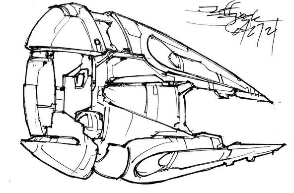 Black and white line art sketch of an imaginative sci fi spaceship. Each one is very different. A flattened egg shape with a section cut out of the narrow end, making a sharp fork. Wide end looks to be the passenger area with a number of ports, but also resembles Bert from Sesame Street's face, looking grumpy.