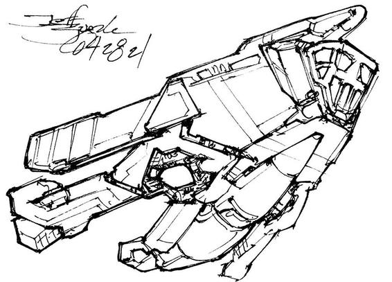 Black and white line art sketch of an imaginative sci fi spaceship. Each one is very different. Heavy, chunky armored delta shape with thick-beamed armored viewports at front, several linear projections at rear and a bomb-like undercarriage with locked side beams.