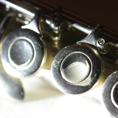 A closeup of a flute showing two keys with corrosion.