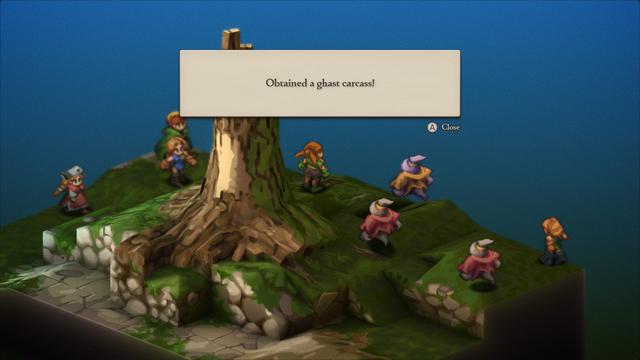 A screenshot from Final Fantasy Tactics of a battle map with a pop-up message that says “Obtained a ghost carcass!”