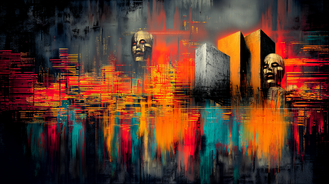 🇫🇷 Ville abstraite en flammes chromatiques, avec deux visages sculpturaux se détachant devant des tours orange et grises, comme des cris figés dans le béton.
🇬🇧 Abstract city in chromatic flames, with two sculptural faces emerging before orange and grey towers, like screams frozen in concrete.