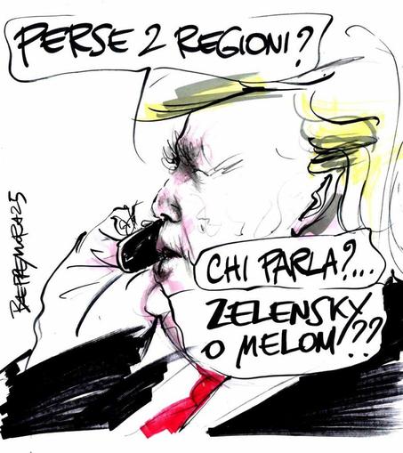 Nel disegno, Donald Trump al telefono domanda: "Perse 2 regioni? Chi parla?... Zelensky o Meloni??"