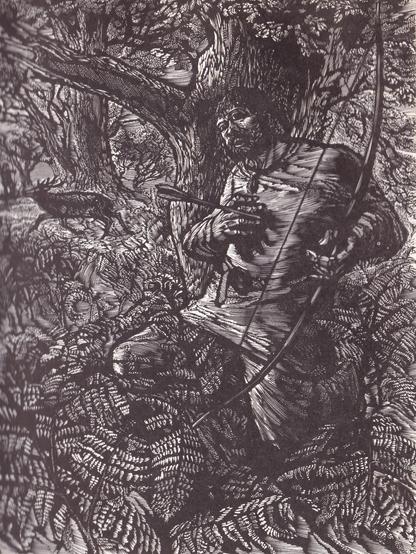 An illustration or woodcut showing a man collapsing against a tree in a forest with an arrow protruding from his chest. In the background we can see a stag heading out of frame to the left and the small figure of a bowman who may have been aiming for the deer - or not.