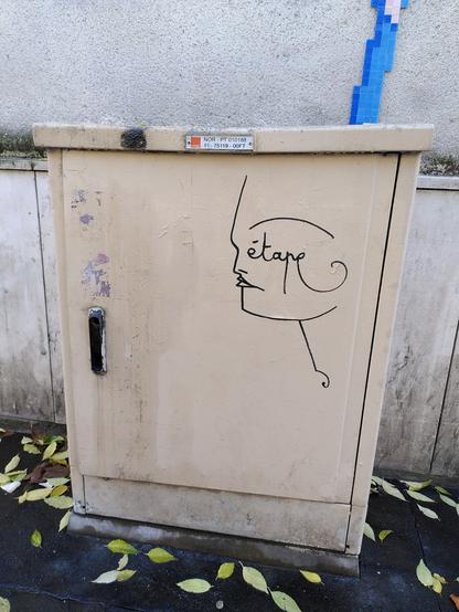 Visage esquissé d'un trait noir sur un boitier de compteur électrique dans la rue, avec l'inscription étape au niveau des yeux