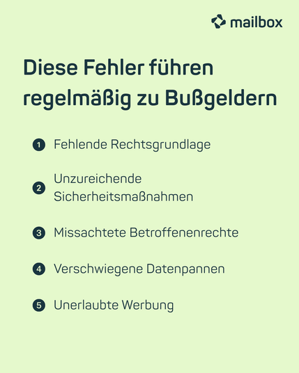 Diese Fehler führen regelmäßig zu Bußgeldern: fehlende Rechtsgrundlage, unzureichende Sicherheitsmaßnahmen, missachtete Betroffenenrechte, verschwiegene Datenpannen, unerlaubte Werbung.