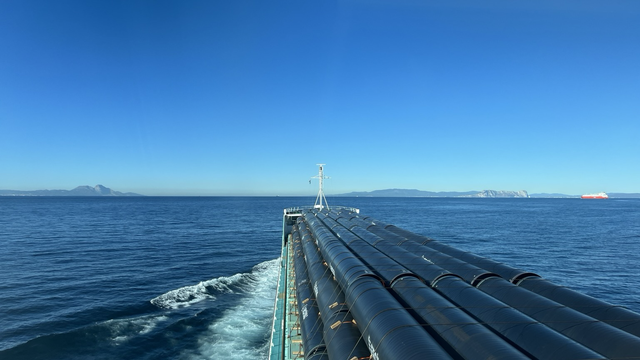 A ship passing through the Strait of Gibraltar. Seen from ship's bridge.