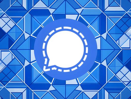 Blaues Signal-Icon umgeben von blau-weißen geometrischen Formen.