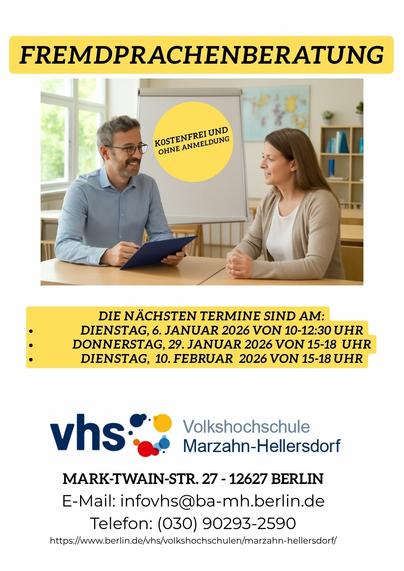 Beratungstermine für das Fremdsprachenangebot an der Volkshochschule Marzahn-Hellersdorf.