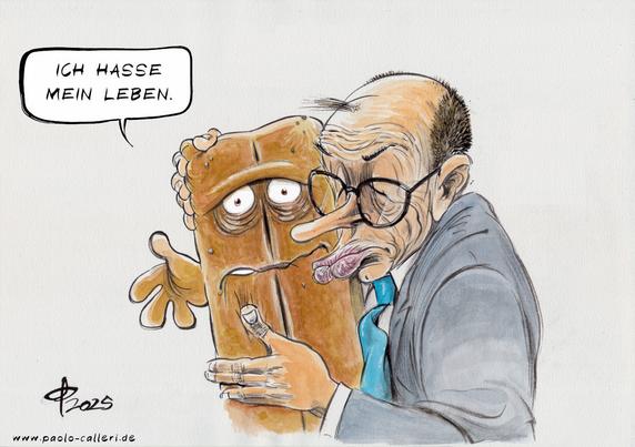 Bildbeschreibung (Deutsch)
Die Karikatur zeigt eine humorvoll überspitzte Szene: Eine frustrierte Cartoon-Figur, die an Bernd das Brot erinnert, wird von einem erschöpften, angespannten Mann im Anzug umarmt. Die Figur blickt mit halb geschlossenen, übermüdeten Augen nach vorne und sagt: „Ich hasse mein Leben." Der Mann wirkt wie eine personifizierte Bürokratie — erschöpft, verbraucht, aber klammernd — und hält das Brot mit beiden Händen fest, als könne er den eigenen Systemzerfall nur durch Umarmung des Absurden stabilisieren.
Die Illustration symbolisiert die Resonanz zwischen individueller Erschöpfung und systemischer Dysfunktion: Ein Apparat, der emotional leerläuft und den letzten Rest „Brot" festhält, statt Reformen anzugehen. Die Zeichnung steht sinnbildlich für ein überfordertes, reformunfähiges System, das alles umarmt, nur nicht die Zukunft.🖖