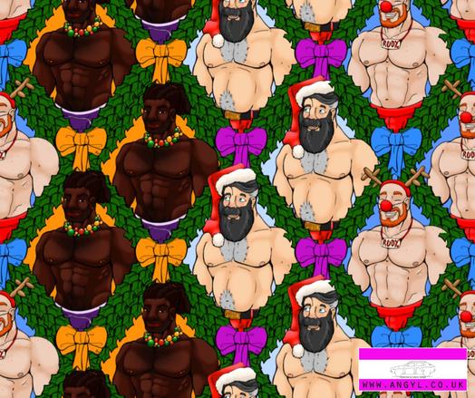 A repeating tile pattern of holly wreaths, bows, and three beefy characters: Rudy the bald ginger reindeer costumed guy, Daddy the beared santa hat wearing older guy with a belly, and Dasher the handsome black bauble-bedecked guy.