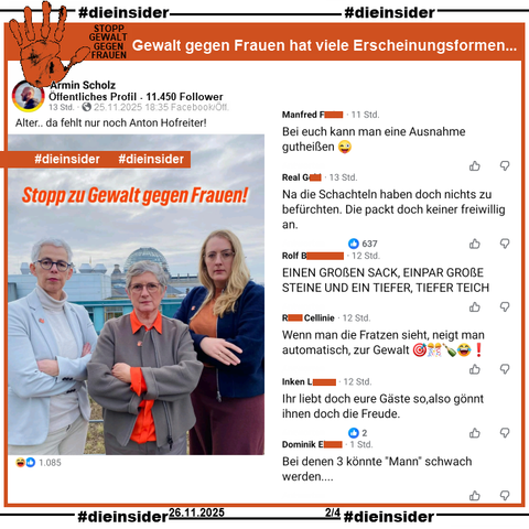 Katharina Dröge, Britta Haßelmann und Ulle Schauws von Bündnis 90/Die Grünen posten am 25.11.2025 "Stopp zu Gewalt gegen Frauen!" und ein Bild von sich.
Armin Scholz teilt auf seiner öffentlichen Seite mit 11.450 Follower das Bild der drei Bundestagsabgeordneten und postet "Alter.. da fehlt nur noch Anton Hofreiter!" dazu.

Unter unserer Überschrift "STOPP GEWALT GEGEN FRAUEN: Gewalt gegen Frauen hat viele Erscheinungsformen..." zeigen wir auf Slide 2 u.a. die Kommentare: 
"Bei euch kann man eine Ausnahme gutheißen. 😜", 
"Na die Schachteln haben doch nichts zu befürchten. Die packt doch keiner freiwillig an.", 
"EINEN GROßEN SACK, EINPAR GROßE STEINE UND EIN TIEFER, TIEFER TEICH.", 
"Wenn man die Fratzen sieht, neigt man automatisch, zur Gewalt. 🎯🎊🍾😂❗", 
"Ihr liebt doch eure Gäste so, also gönnt ihnen doch die Freude." und 
"Bei denen 3 könnte "Mann" schwach werden..."