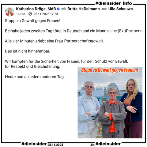 Katharina Dröge, Britta Haßelmann und Ulle Schauws von Bündnis 90/Die Grünen posten am 25.11.2025 "Stopp zu Gewalt gegen Frauen!" und ein Bild von sich.

Dazu schreiben Sie 
"Stopp zu Gewalt gegen Frauen! 
Beinahe jeden zweiten Tag tötet in Deutschland ein Mann seine (Ex‑)Partnerin. 
Alle vier Minuten erlebt eine Frau Partnerschaftsgewalt. 
Das ist nicht hinnehmbar.
Wir kämpfen für die Sicherheit von Frauen, für den Schutz vor Gewalt, für Respekt und Gleichstellung. 
Heute und an jedem anderen Tag."
