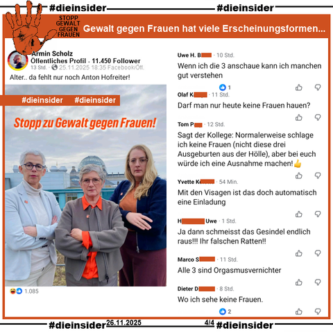 Katharina Dröge, Britta Haßelmann und Ulle Schauws von Bündnis 90/Die Grünen posten am 25.11.2025 "Stopp zu Gewalt gegen Frauen!" und ein Bild von sich.
Armin Scholz teilt auf seiner öffentlichen Seite mit 11.450 Follower das Bild der drei Bundestagsabgeordneten und postet "Alter.. da fehlt nur noch Anton Hofreiter!" dazu.

Unter unserer Überschrift "STOPP GEWALT GEGEN FRAUEN: Gewalt gegen Frauen hat viele Erscheinungsformen..." zeigen wir auf Slide 4 u.a. die Kommentare: 
"Wenn ich die 3 anschaue kann ich manchen gut verstehen.", 
"Darf man nur heute keine Frauen hauen?", 
"Sagt der Kollege: Normalerweise schlage ich keine Frauen (nicht diese drei Ausgeburten aus der Hölle), aber bei euch würde ich eine Ausnahme machen! 👍", 
"Mit den Visagen ist das doch automatisch eine Einladung.", 
"Ja dann schmeisst das Gesindel endlich raus!!! Ihr falschen Ratten!!", 
"Alle 3 sind Orgasmusvernichter." und 
"Wo ich sehe keine Frauen."