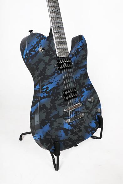 Legouet guitar Camo Blue model. Close up view.