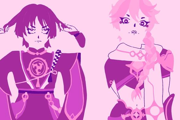 scara and aether in their original outfit side by side in pink hues
scara is playing with his hair nonchalantly, rolling his eyes.
aether has his head raised almost like he is looking down on us