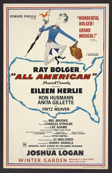 The image depicts a vintage movie poster for "All American" featuring Ray Bolger in the center, illustrated as he dances with an umbrella and suitcase. The background is primarily white, while text and illustrations are rendered in various colors including blue, red, black, beige, yellow, orange, grey, brown, green, purple, pinkish-purple, tan, light pinkish-brown, lilac, dark pink, salmon-pink, turquoise-blue, olive-green, sky-blue, royal-blue, lavender, violet, mauve and maroon. Text elements include the title "All American," with additional descriptive words such as musical comedy, Ray Bolger's name prominently displayed in large red letters, along with other cast members' names including Eileen Herlie, Ron Husmann, Anita Gellette, Fritz Weaver, Mel Brooks (director), Charles Strouse (music and lyrics by), Lee Adams (lyrics), Cole Mielziner (costumes), Dan Daniels (choreography). The production company is Winter Garden with details of the Broadway venue. Notable textual elements also include endorsements such as Edward Padula's praise for Ray Bolger, a quote from Charles Strouse praising Bolger and mention of L. Slade Brown in association with this show.