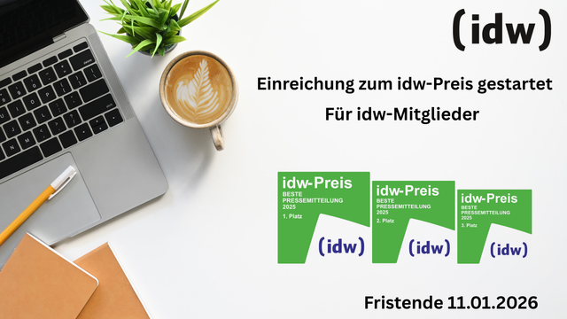 Einreichung zum idw Preis gestartet für idw Mitglieder mit den sieger icons zum preis und logo idw