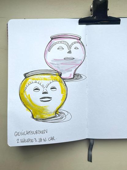 A sketch of 2 facial urns in a Berlin museum.