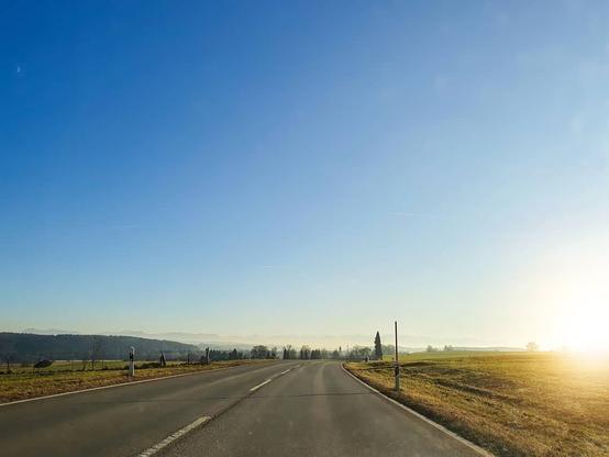 A quiet country road curves through open fields under a clear blue sky, with warm sunlight rising on the right and distant hills fading into morning mist.