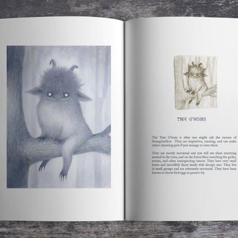 an open book shows on the left a little creature sitting in a tree with glowing eyes, and on the right a sketch of the creature with useful information on what it is and how it behaves.