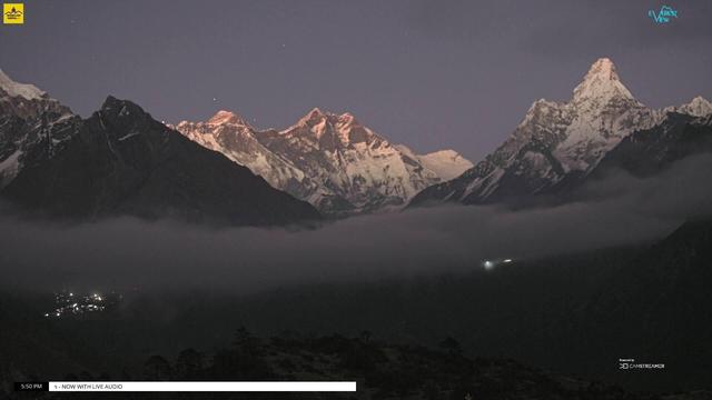 A wide view of several mountains, from left:

- Taboche (6,500 meters/21,325 feet)
- Mount Everest (8,848 meters/29,032 feet)
- Lhotse (8,516 meters/27,939 feet)
- Ama Dablam (6,814 meters/22,355 feet)