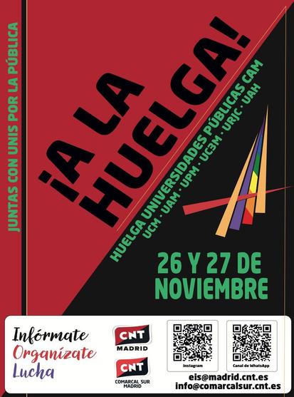 Cartel de la convocatoria de huelga de las Universidades Públicas de Madrid.  En rojo y negro y con los logos de CNT