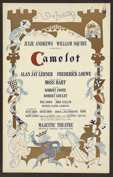 The image depicts an ornate poster for the musical "Camelot," prominently featuring a stylized illustration of King Arthur. The color scheme includes shades of blue, red, and gold on a white background with decorative borders containing various heraldic symbols such as coats of arms, shields, and other royal emblems.

At the top, it reads "Julie Andrews William Squire In A New Musical" in large serif font against an intricate border that resembles castle walls. Below this text is the main title "Camelot," styled with a mix of script and bold lettering, predominantly using red for King Arthur's name, blue for Guenevere, black for Lancelot, and gold accents.

The poster features various characters from the musical within their respective titles or roles: Alan Jay Lerner (writer), Frederick Loewe (music composer), among others. The production details include Robert Coote as Lancelot, Moss Hart as King Arthur, and other notable names like Michael Clarke-Allenwood for costume design by John Cullum.

The bottom part of the poster indicates where it was produced: "MAJESTIC THEATRE 4th Street W. of Broadway" in a smaller typeface. The overall design is elaborate with fine details that suggest nobility and grandeur, appropriate for the story's themes from Arthurian legend.