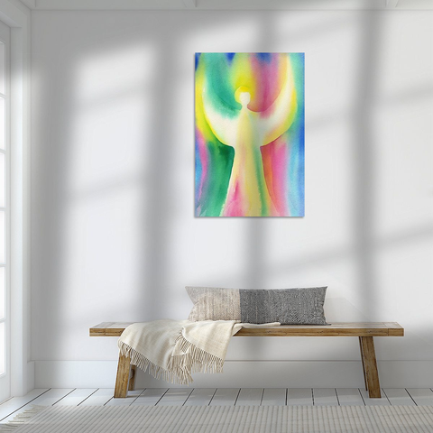 Schutzengel ist ein handgemaltes Aquarellgemälde im Hochformat gemalt von der Künstlerin Karen Kaspar. Eine hell strahlende Engelsfigur hat große Engelsflügel schützend ausgebreitet. Der abstrakte Hintergrund leuchtet bunt in allen Farben des Regenbogens gelb, rot, pink, lila, blau, türkis und grün.
Das Bild des Engels strahlt Frieden, Harmonie und positive Energie aus und verbreitet Freude und Trost für den Betrachter im ganzen Raum.