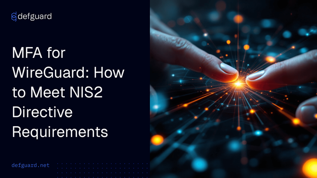A blog post cover image split vertically. The left panel has a dark blue background with the defguard logo and large white text that reads: "MFA for WireGuard: How to Meet NIS2 Directive Requirements". The address "defguard.net" is at the bottom left. The right panel is a futuristic illustration showing two hands with fingers reaching toward each other, creating a bright burst of light at the center of a glowing digital network of interconnections.