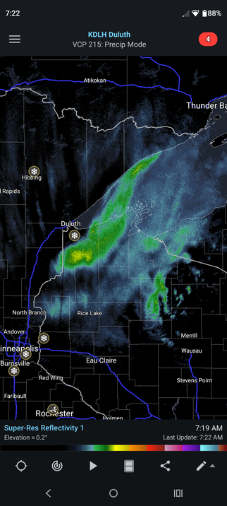 A view of the radar over the Northland around 7:15 a.m. on Wednesday, November 26, 2025, shows the bulk of the snowfall from a passing storm system focused on northwest Wisconsin and the Upper Peninsula. It will remain over this region through Wednesday night, with lake effect bands keeping snowfall totals increasing.