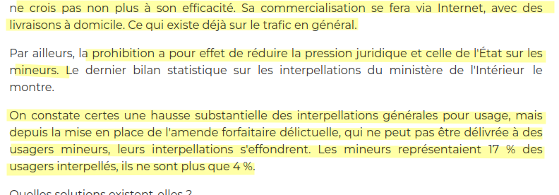 extrait 

 Je ne crois pas non plus à son efficacité. Sa commercialisation se fera via Internet, avec des livraisons à domicile. Ce qui existe déjà sur le trafic en général.

Par ailleurs, la prohibition a pour effet de réduire la pression juridique et celle de l'État sur les mineurs. Le dernier bilan statistique sur les interpellations du ministère de l'Intérieur le montre.

On constate certes une hausse substantielle des interpellations générales pour usage, mais depuis la mise en place de l'amende forfaitaire délictuelle, qui ne peut pas être délivrée à des usagers mineurs, leurs interpellations s'effondrent. Les mineurs représentaient 17 % des usagers interpellés, ils ne sont plus que 4 %.